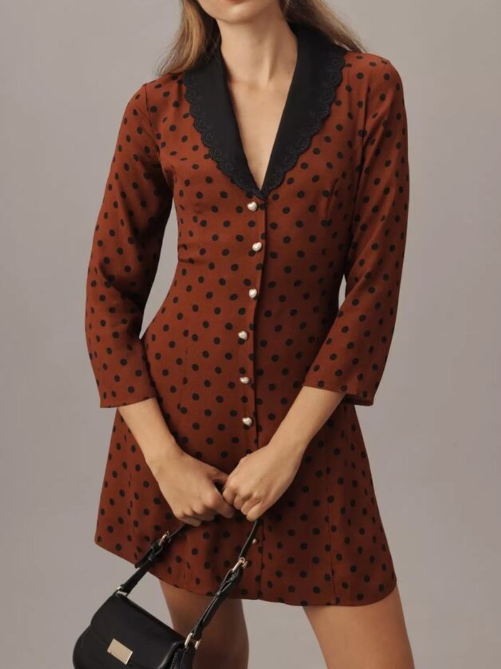 Reformation Galene Dress Size 8 Heart Button-Up Mini Dress Fig Jam Dot
